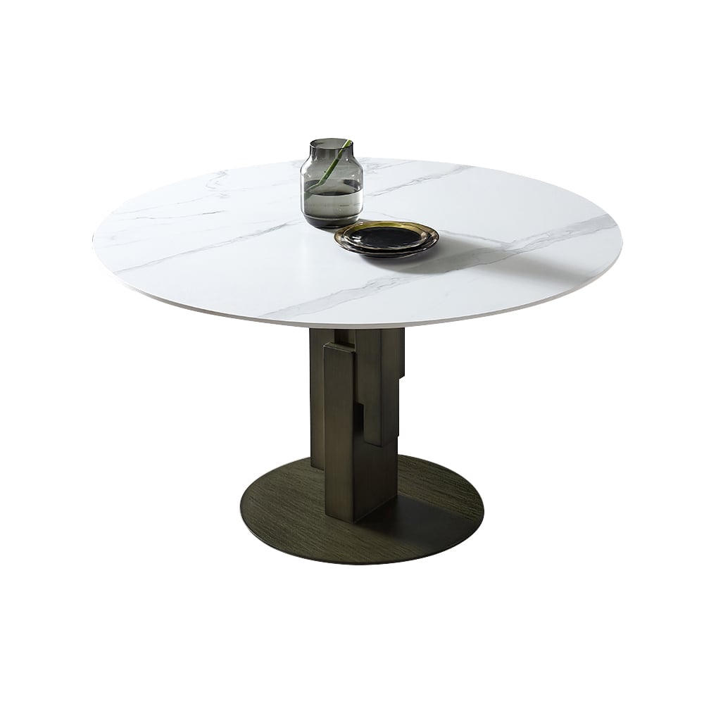 Modern Round Dining Table with White Sintered Stone Top & Carbon Steel Base window image
