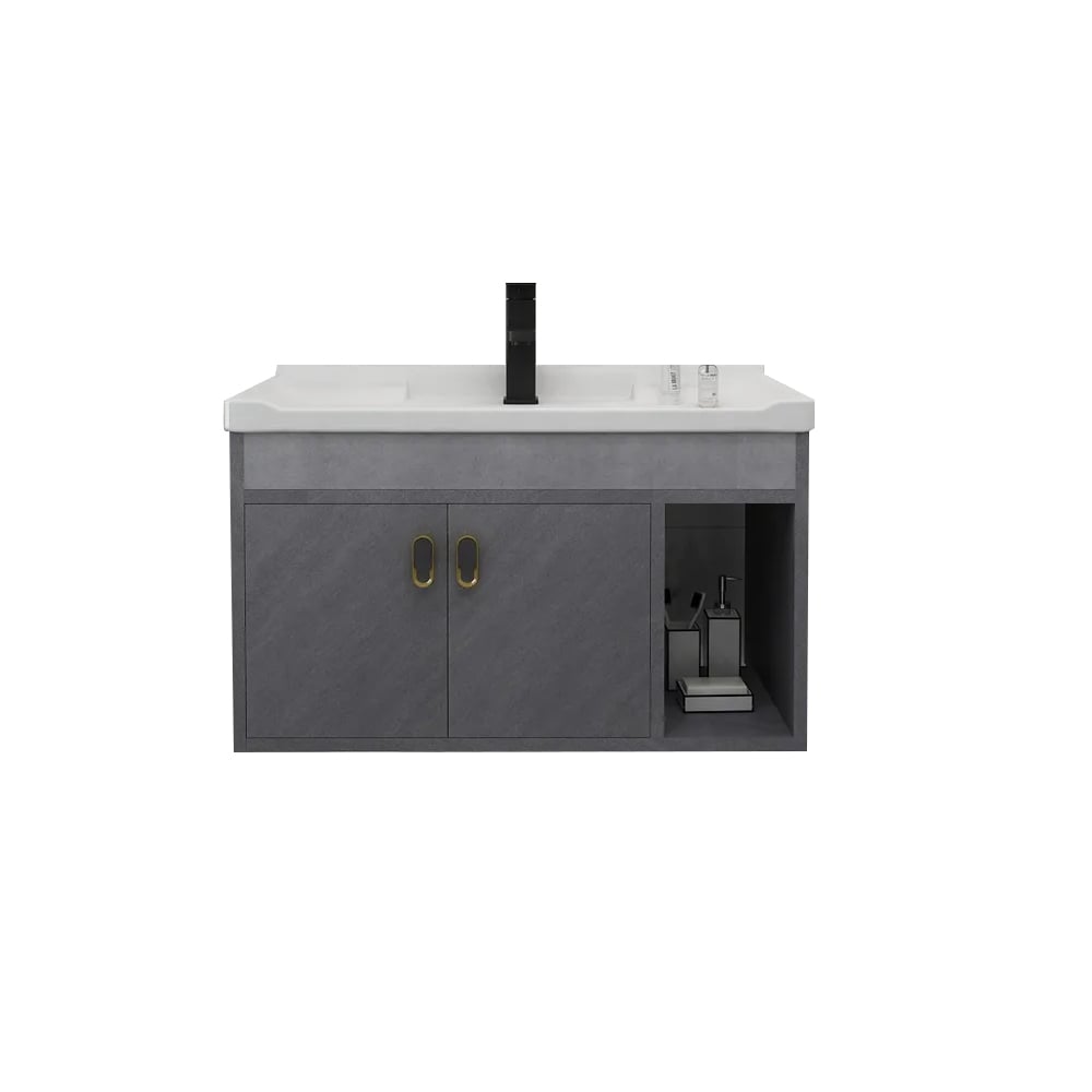 32" Gray Floating Single Vanity with Ceramic Top Bathroom Cabinet with Door window image