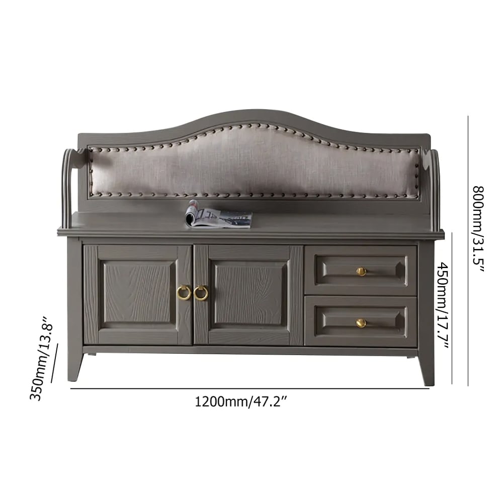 Banc ottoman rétro en bois massif gris avec 2 tiroirs et une armoire image de fenêtre