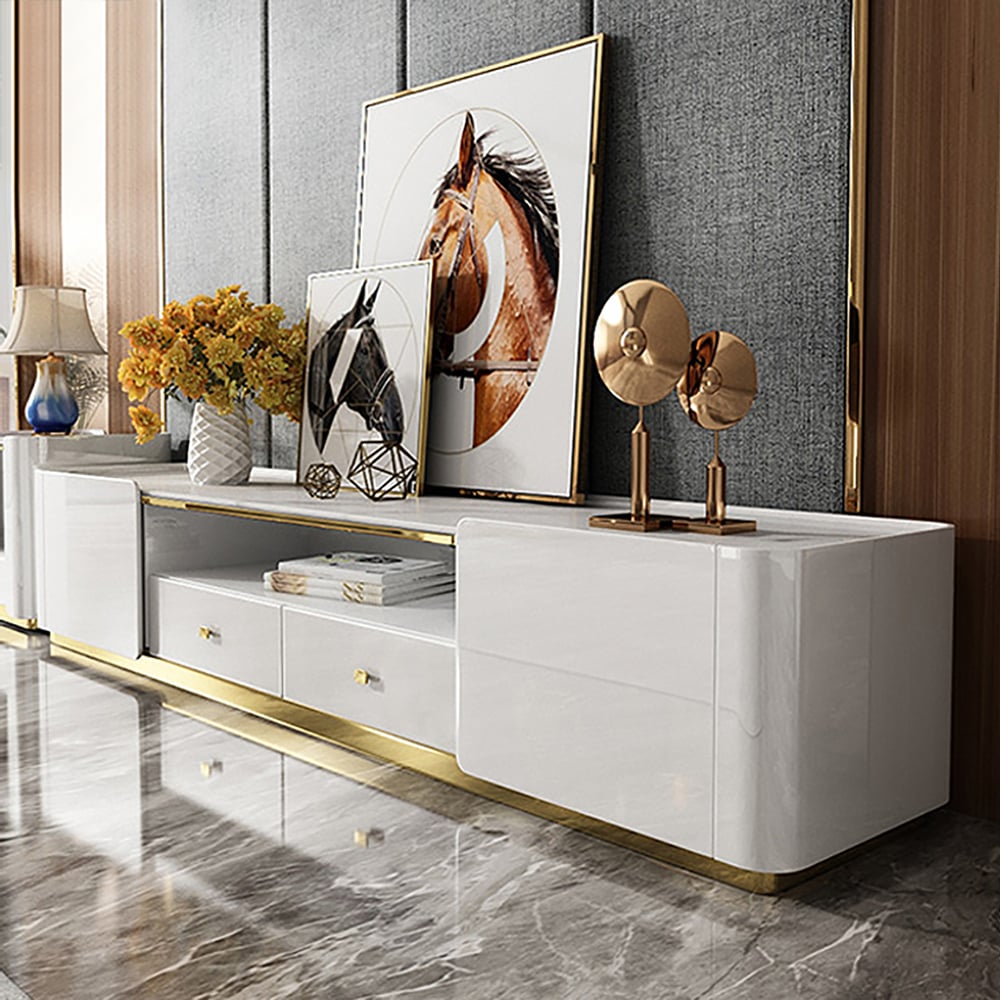 78.7" Modern White TV Stand Sintered Stone Top Storage Media Console window image