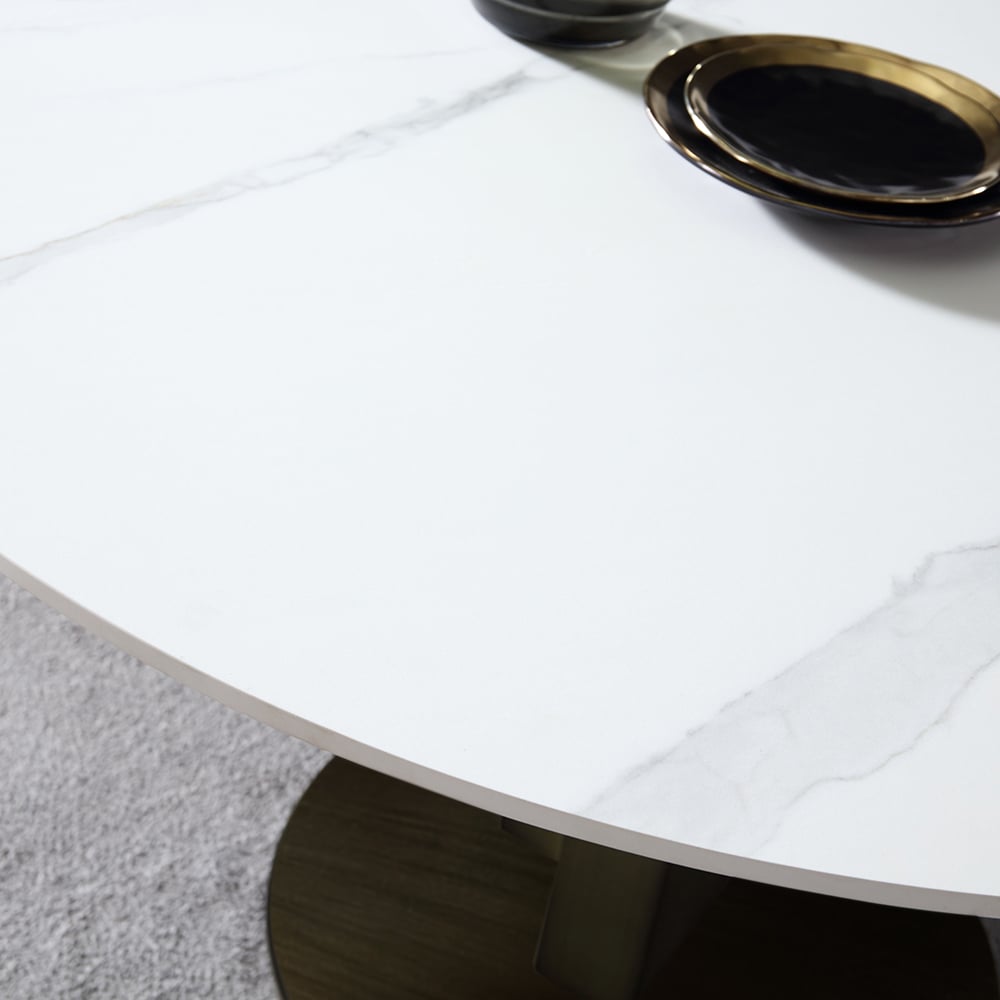 Modern Round Dining Table with White Sintered Stone Top & Carbon Steel Base window image