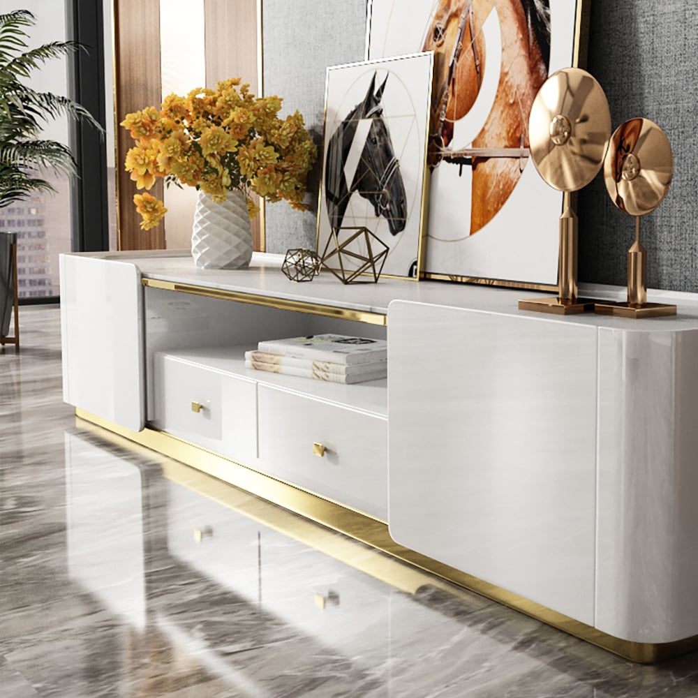 78.7" Modern White TV Stand Sintered Stone Top Storage Media Console window image