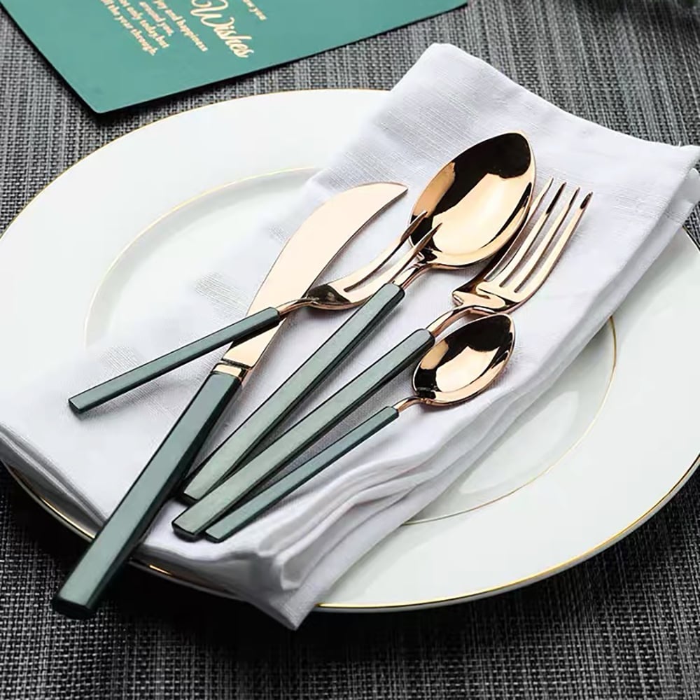 40 Pieces Stainless Steel Flatware Set in Vintage Green & Gold, Service for 8 window image