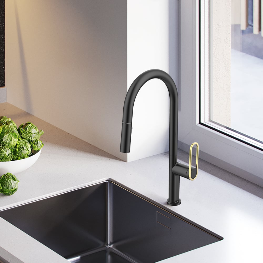 Single Hollow Out Lever Sensor Kitchen Tap Pull-Out Spout window image
