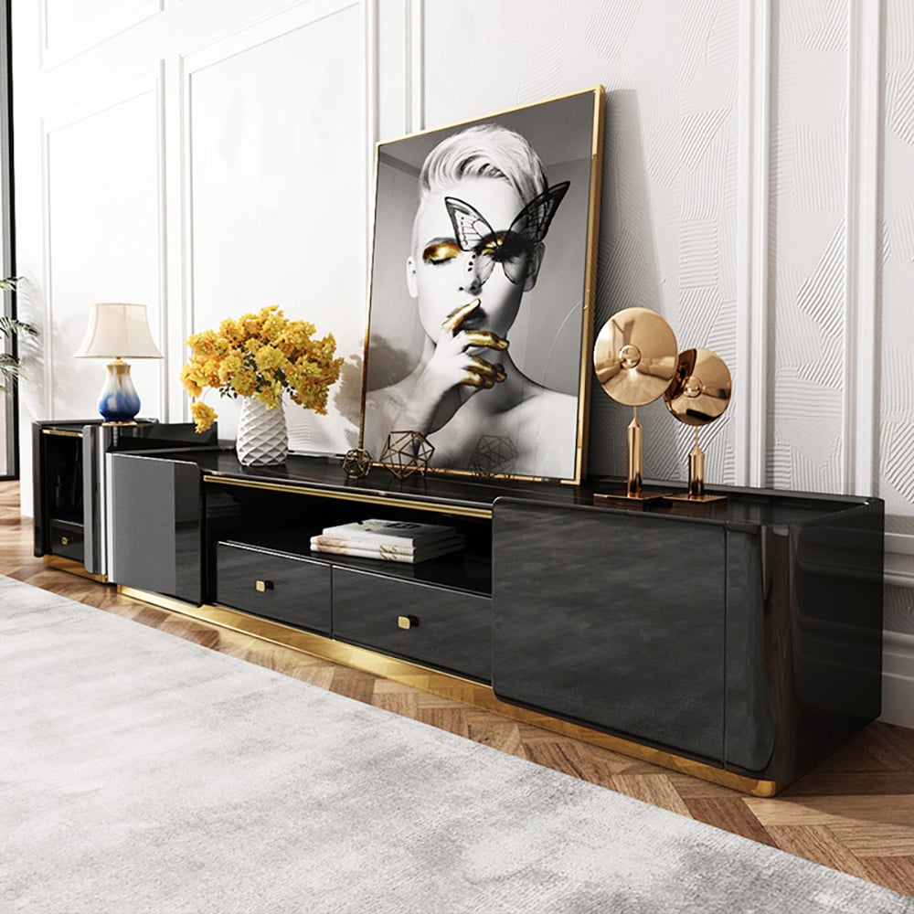 78.7" Modern Black TV Stand Sintered Stone Top Storage Media Console window image