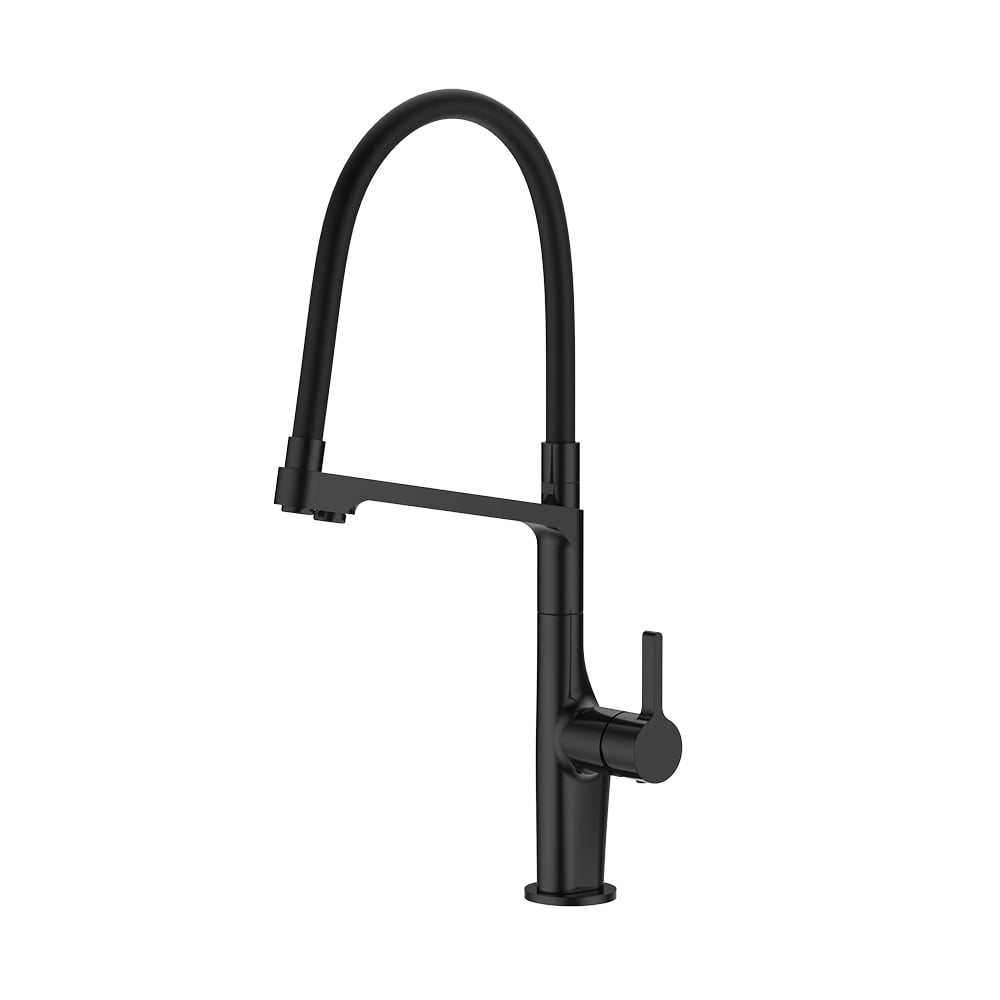 Zwarte monobloc keukenkraan waterzuiverend massief messing Vensterafbeelding