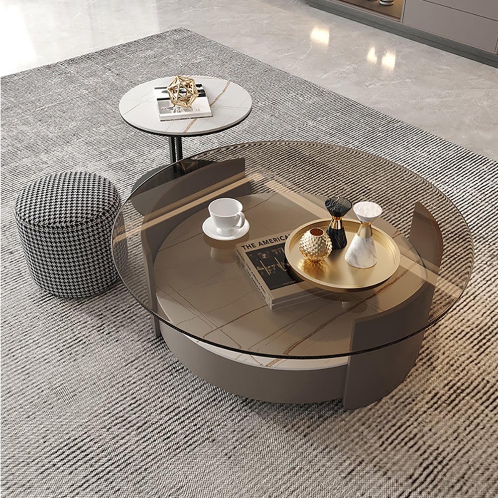 Modern Round Nesting Coffee Table Set Tempered Glass & Sintered Stone with 3 Stools window image