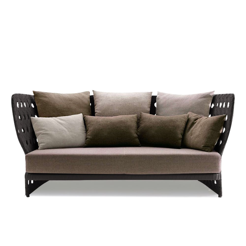 Causeuse d'extérieur à dossier haut de style italien de 1450 mm avec coussin et oreillers image de fenêtre