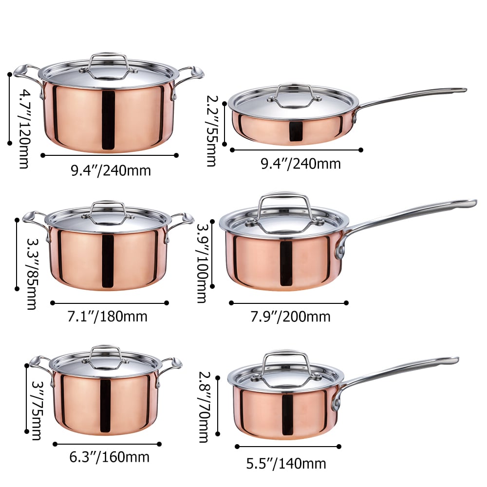12 Pieces Tri-Ply Bonded Copper Cookware Set Stainless Steel Interior