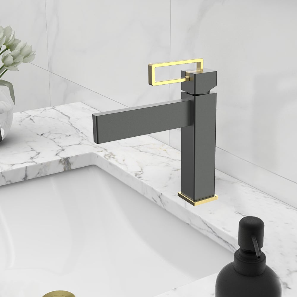 Geomatric Bathroom Basin Tap Solid Brass Monobloc Black and Gold window image