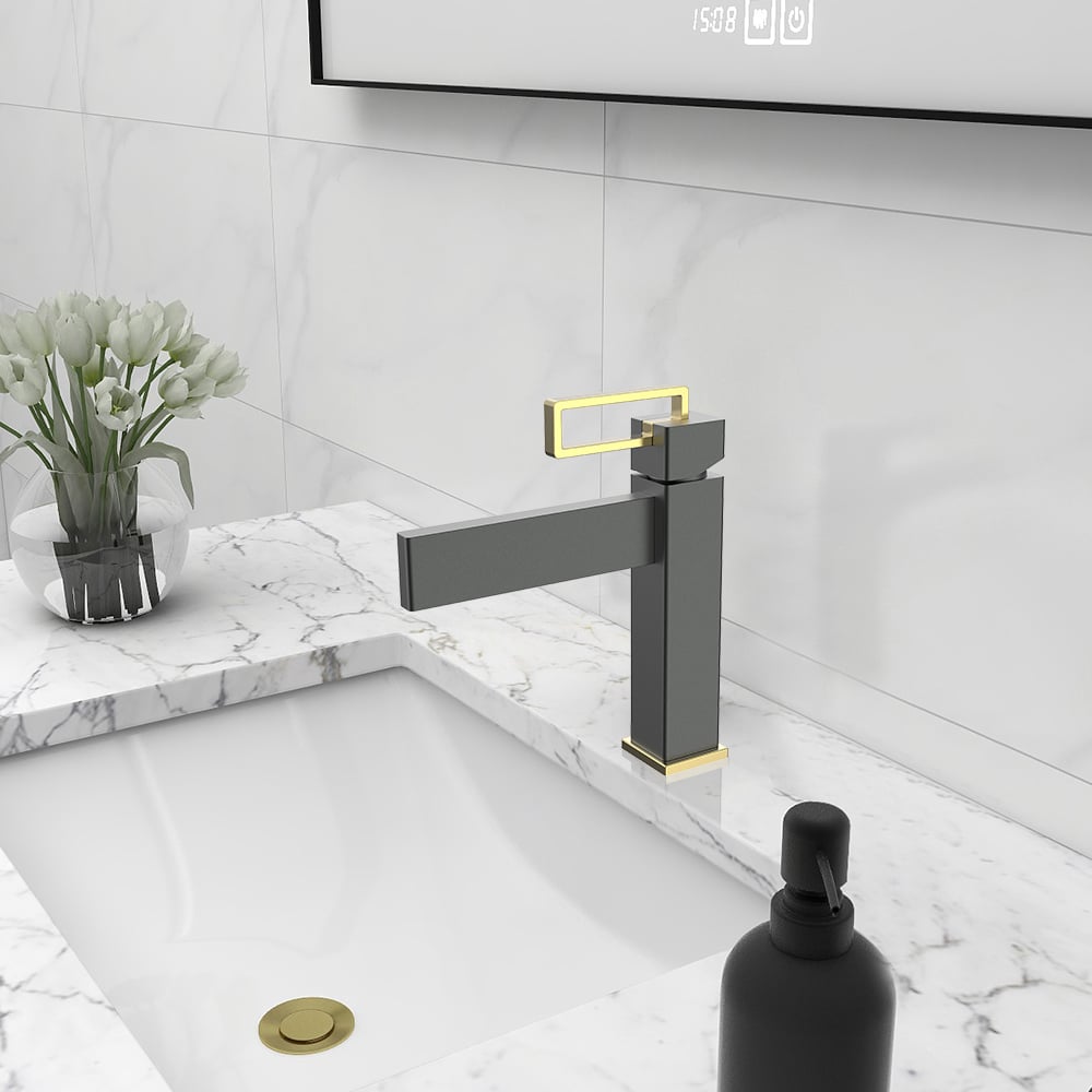 Geomatric Bathroom Basin Tap Solid Brass Monobloc Black and Gold window image