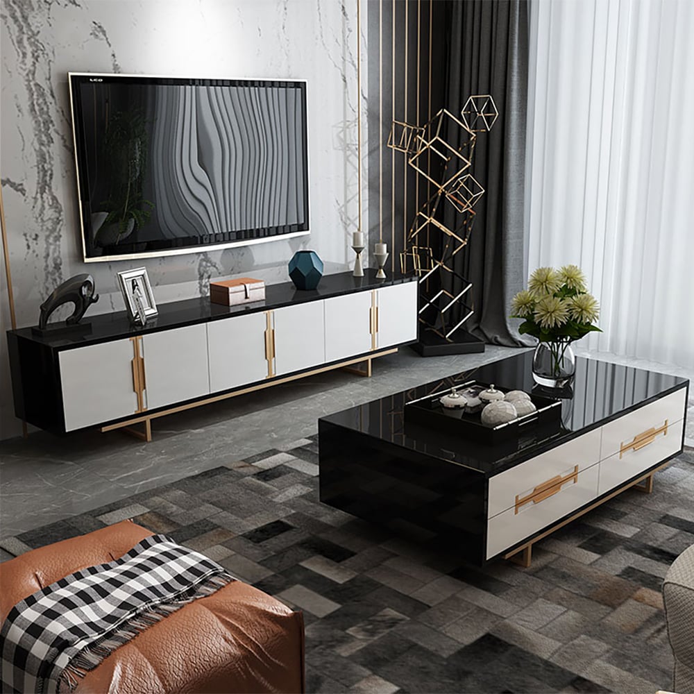 Modern White Tempered Glass Coffee Table TV Stand Storage Living Room Set of 2 window image