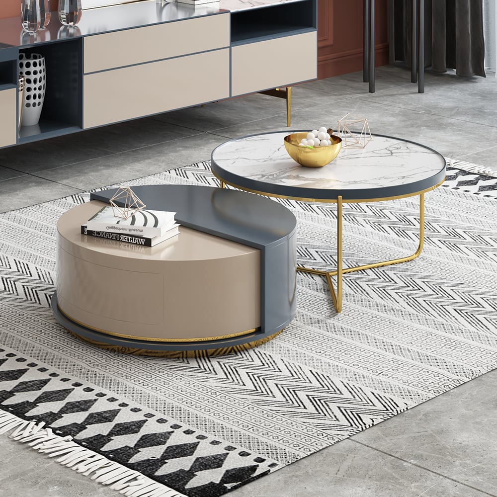 Modern Sintered Stone Top Coffee Table with Storage Round Nesting Coffee Table Set of 2 window image