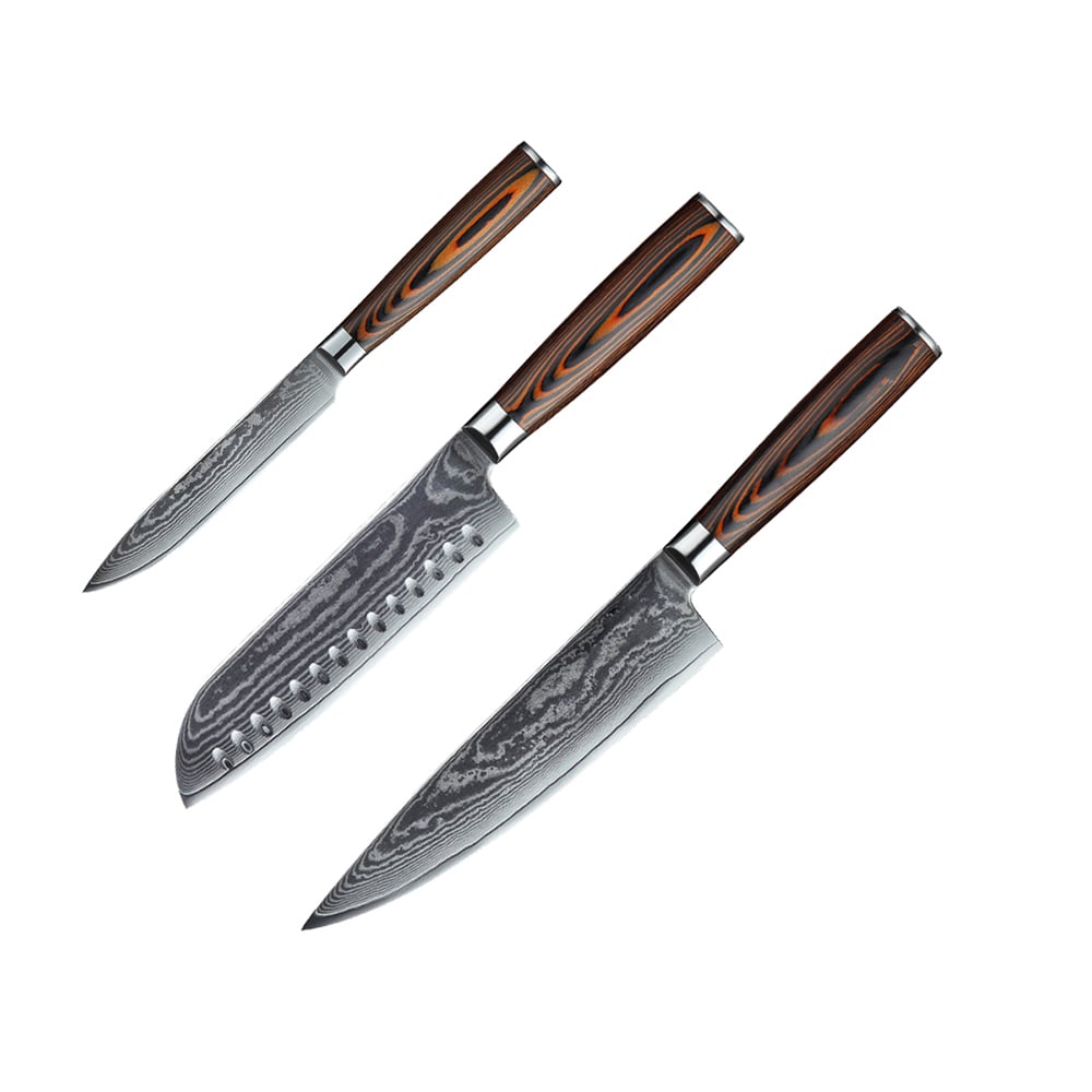 3 Pieces Knife Set Damascus Steel Knives with Wooden Handles