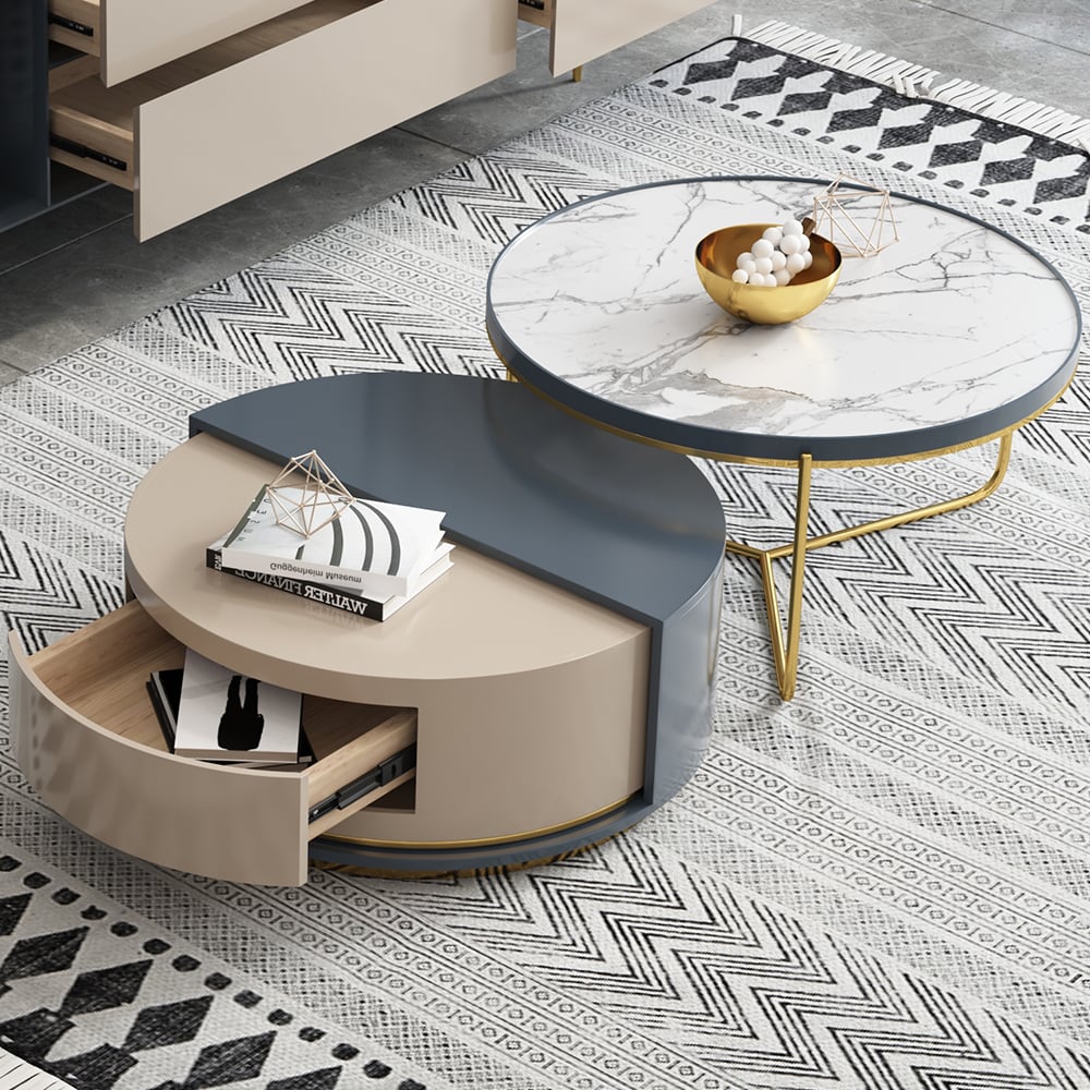 Modern Sintered Stone Top Coffee Table with Storage Round Nesting Coffee Table Set of 2 window image