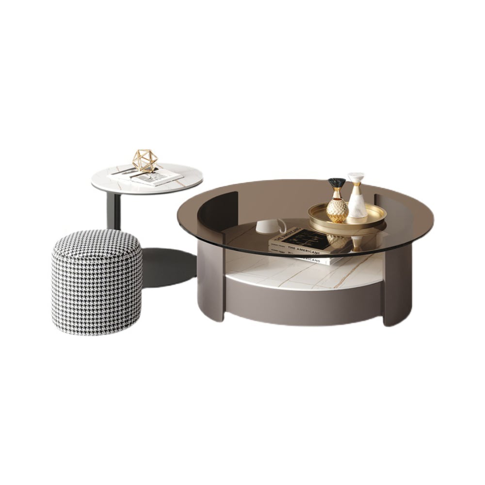 Modern Round Nesting Coffee Table Set Tempered Glass & Sintered Stone with 3 Stools window image