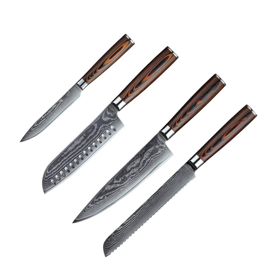 3 Pieces Knife Set Damascus Steel Knives with Wooden Handles