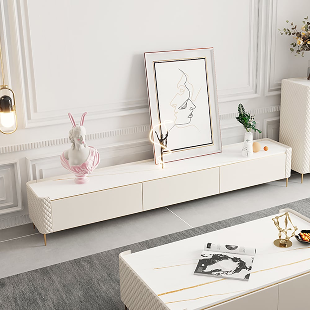 Off White 3 Drawers TV Stand with Sintered Stone Top & Rhombus Embroidered Leather window image