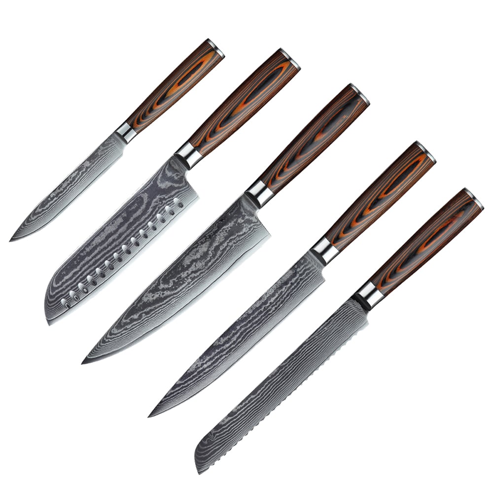 3 Pieces Knife Set Damascus Steel Knives with Wooden Handles