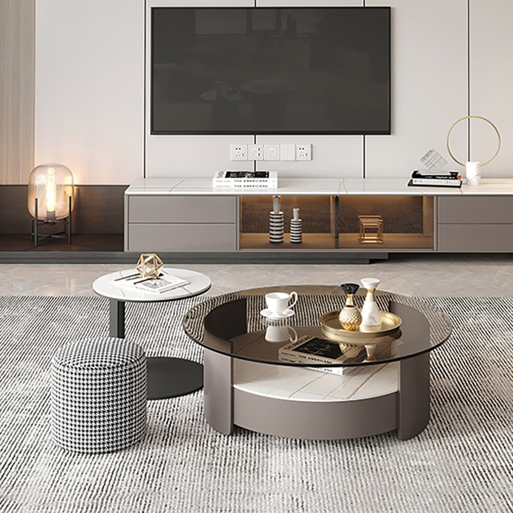 Modern Round Nesting Coffee Table Set Tempered Glass & Sintered Stone with 3 Stools window image