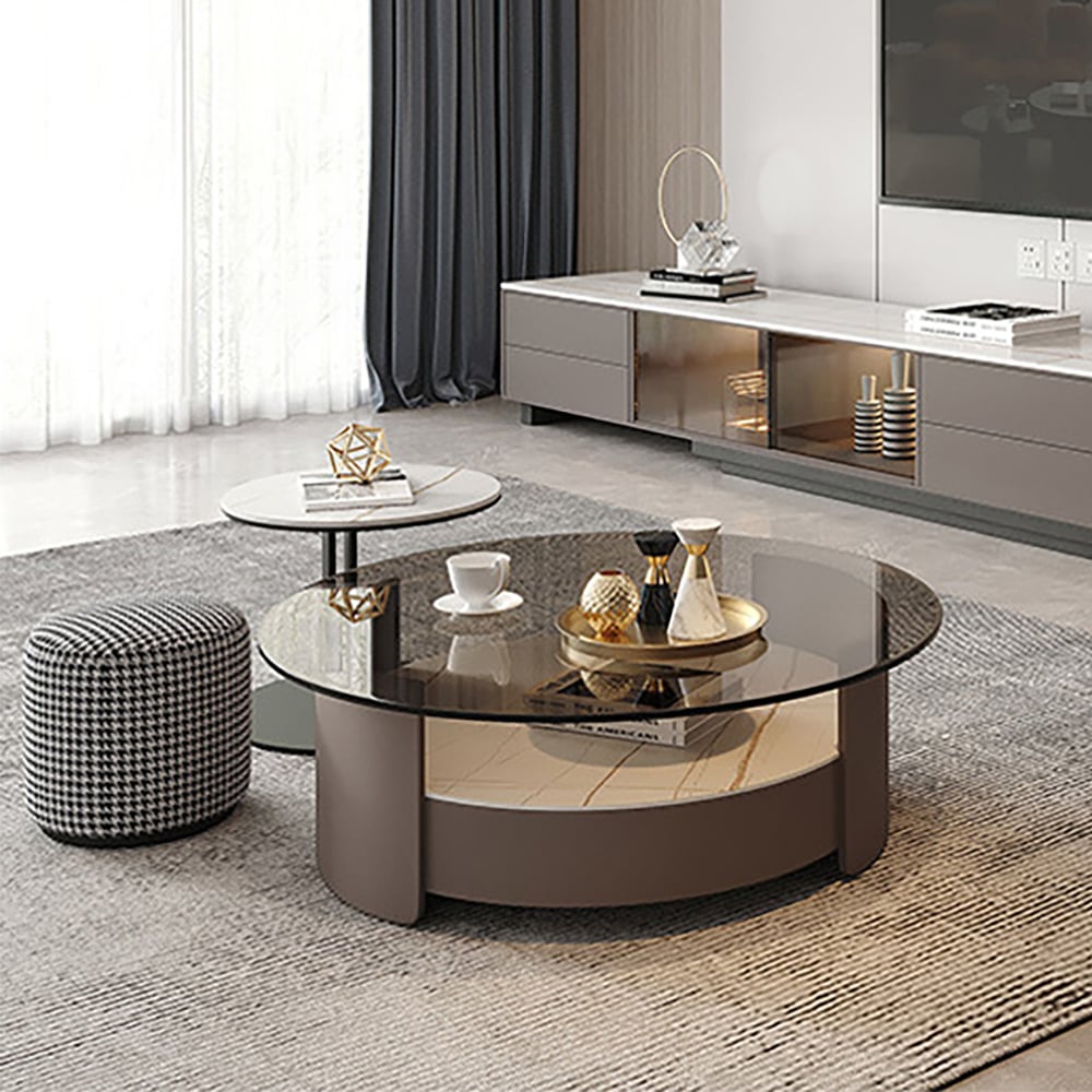 Modern Round Nesting Coffee Table Set Tempered Glass & Sintered Stone with 3 Stools window image
