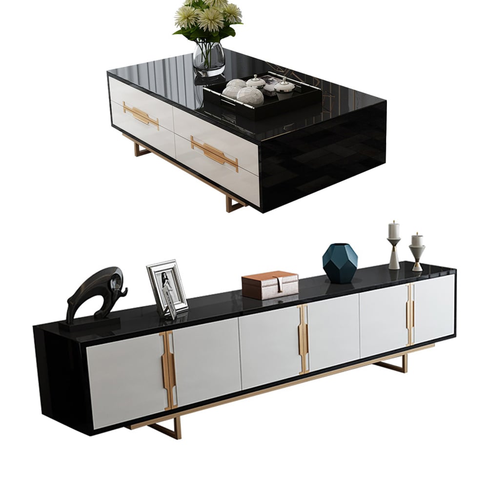 Modern White Tempered Glass Coffee Table TV Stand Storage Living Room Set of 2 window image