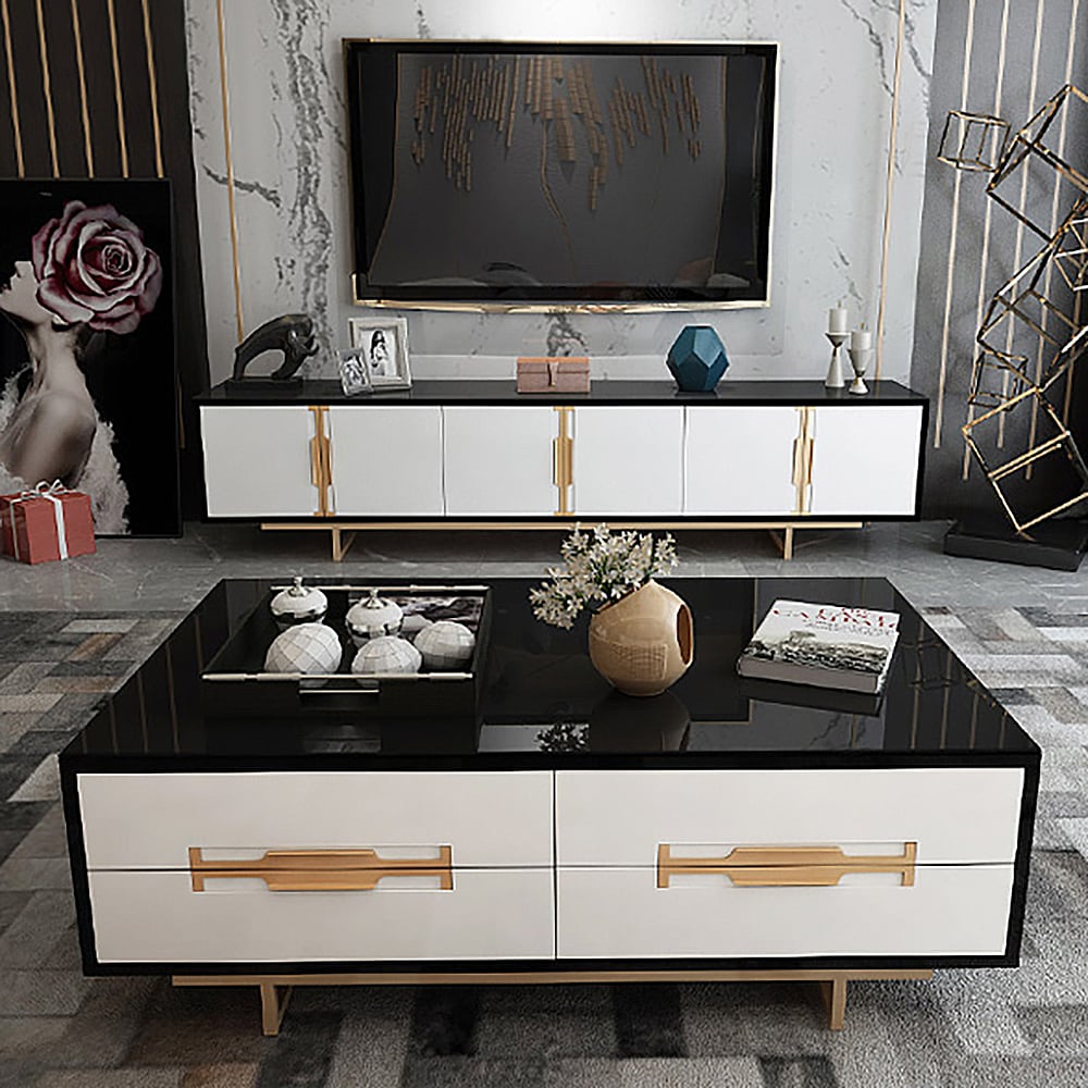 Modern White Tempered Glass Coffee Table TV Stand Storage Living Room Set of 2 window image