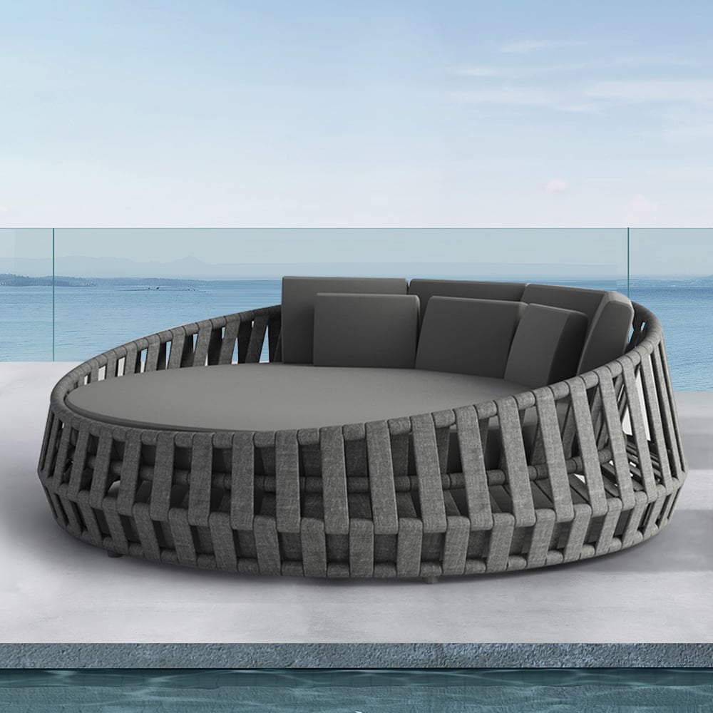 Canapé-lit d'extérieur rond gris en corde tressée anti-soleil avec coussin image de fenêtre