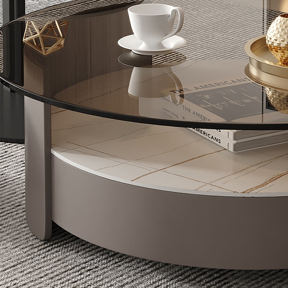 Modern Round Nesting Coffee Table Set Tempered Glass & Sintered Stone with 3 Stools window image