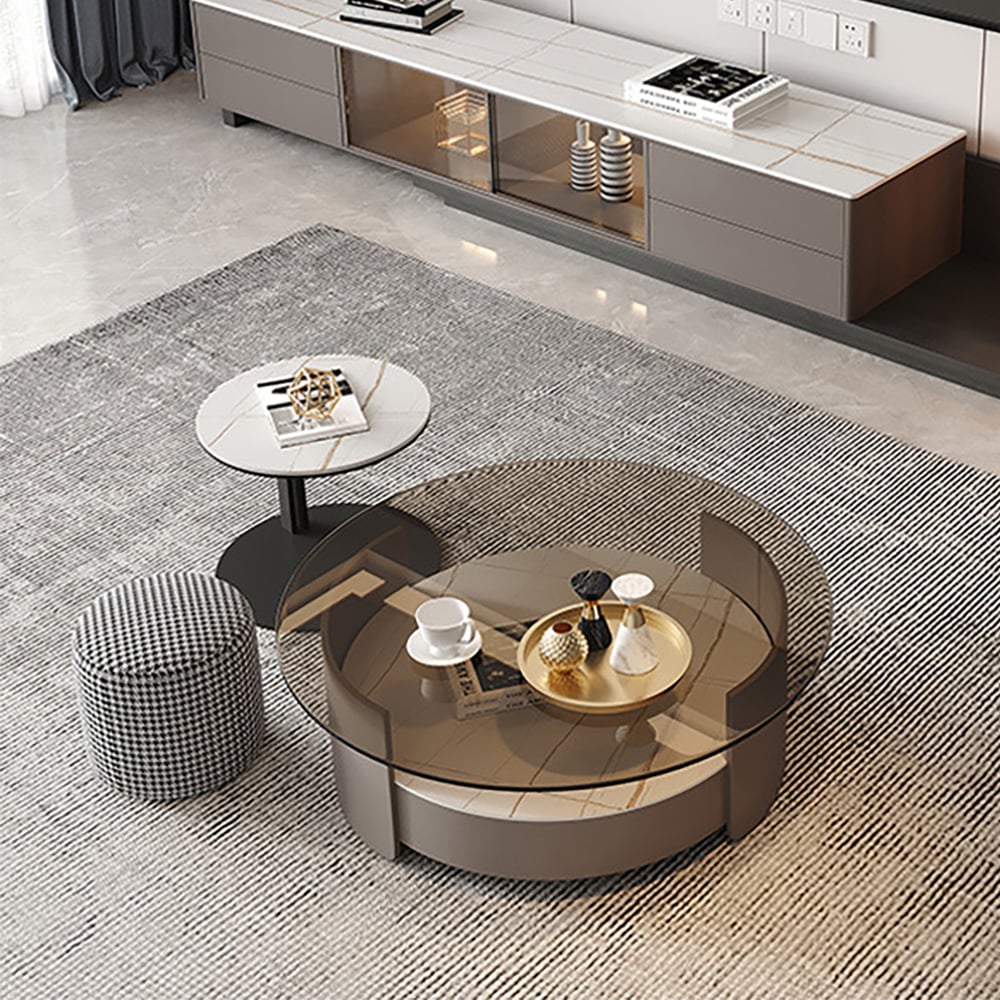 Modern Round Nesting Coffee Table Set Tempered Glass & Sintered Stone with 3 Stools window image