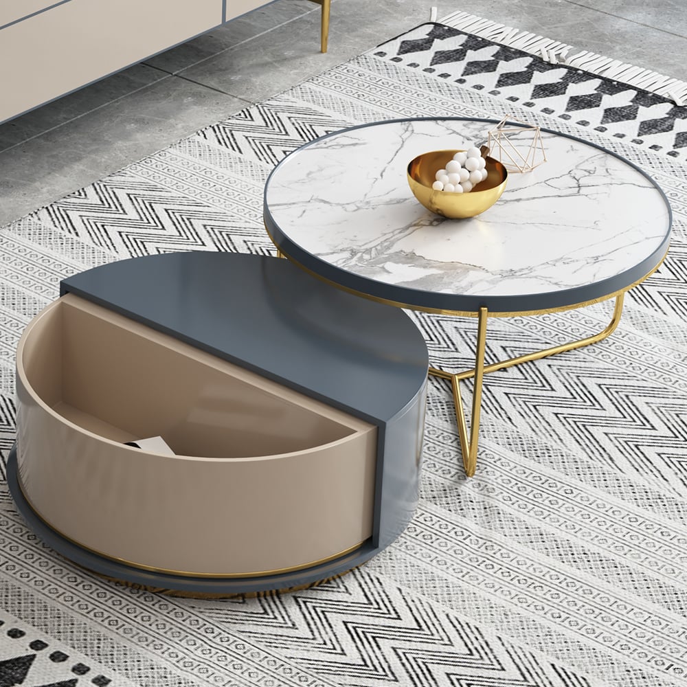 Modern Sintered Stone Top Coffee Table with Storage Round Nesting Coffee Table Set of 2 window image