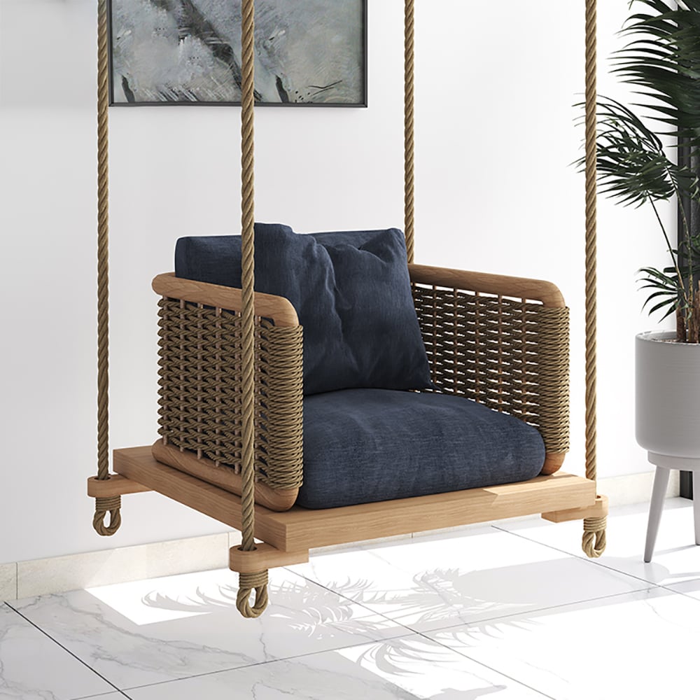 Wood Deep Blue Swing Sofa Single Square Seat in Nylon Rope window image