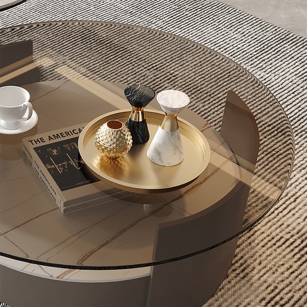 Modern Round Nesting Coffee Table Set Tempered Glass & Sintered Stone with 3 Stools window image