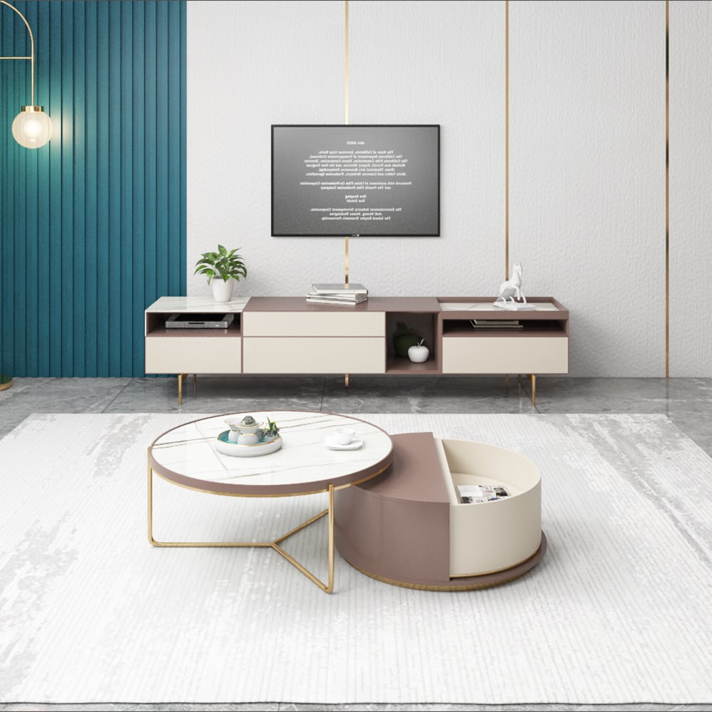 Modern Sintered Stone Top Coffee Table with Storage Round Nesting Coffee Table Set of 2 window image