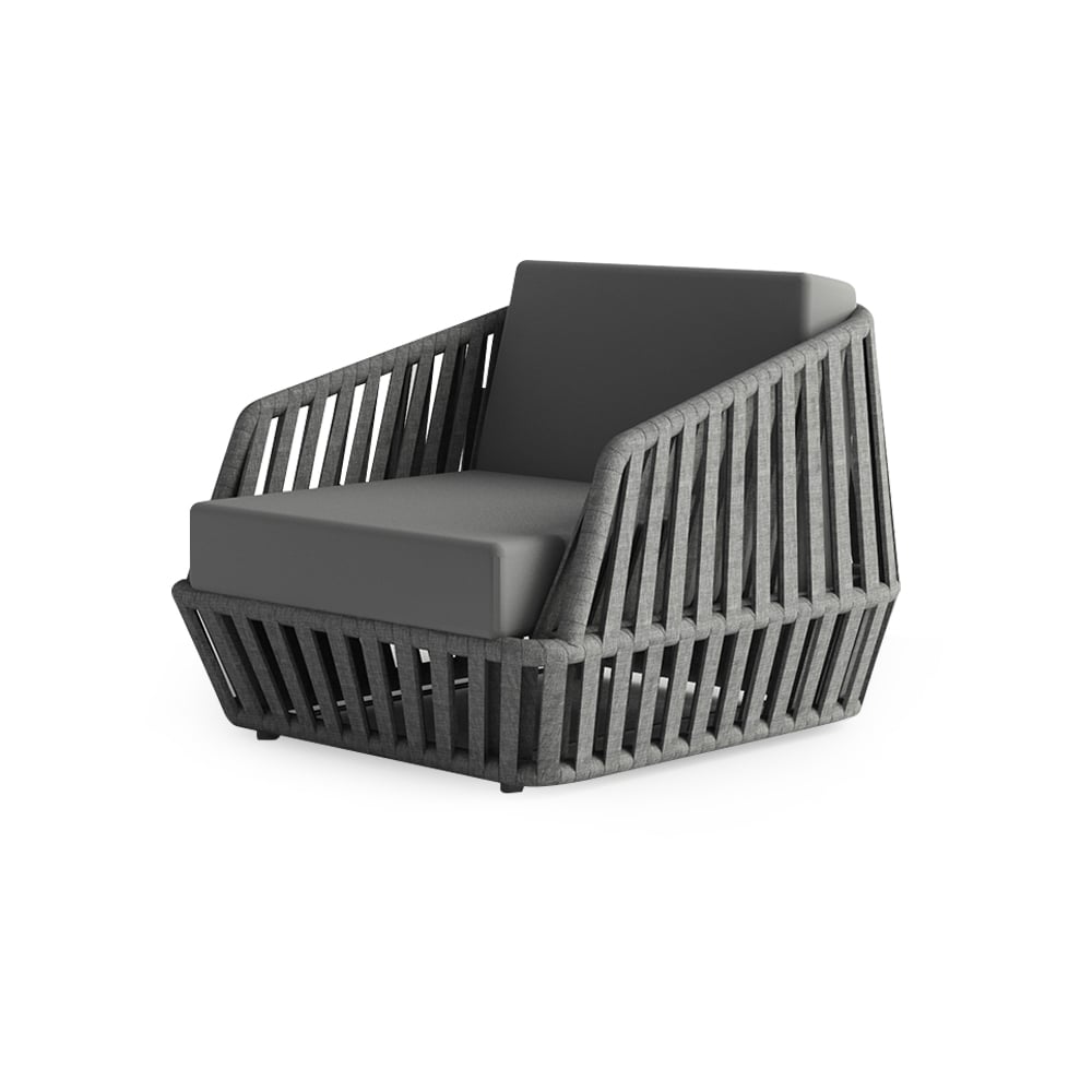 Grijze fauteuil voor buiten in zonwerend gevlochten touw met kussen Vensterafbeelding