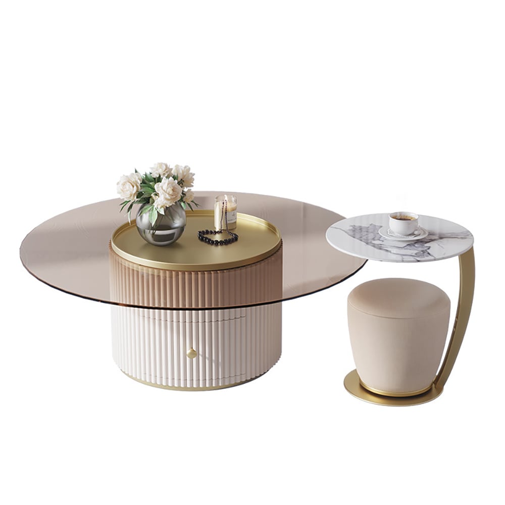 Modern Round Coffee Table Set with Storage Stool & End Table Included window image
