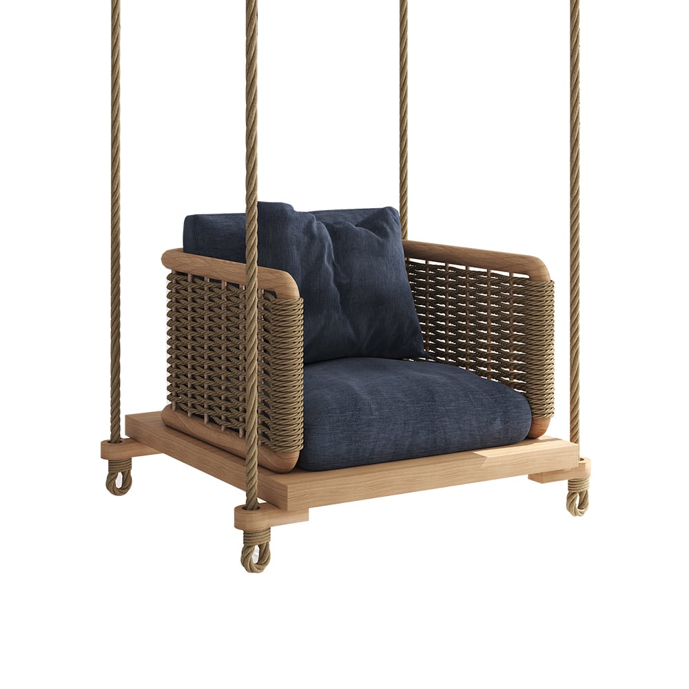 Wood Deep Blue Swing Sofa Single Square Seat in Nylon Rope window image