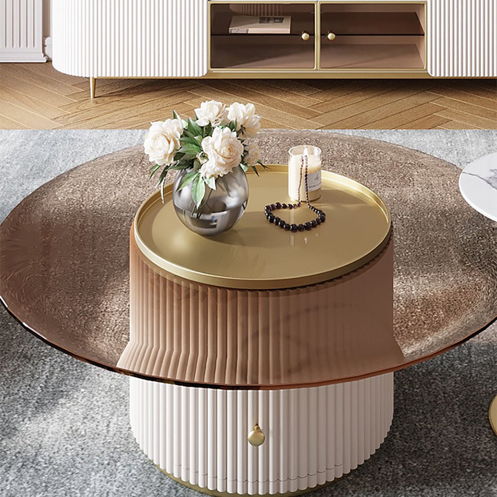 Modern Round Coffee Table Set with Storage Stool & End Table Included window image