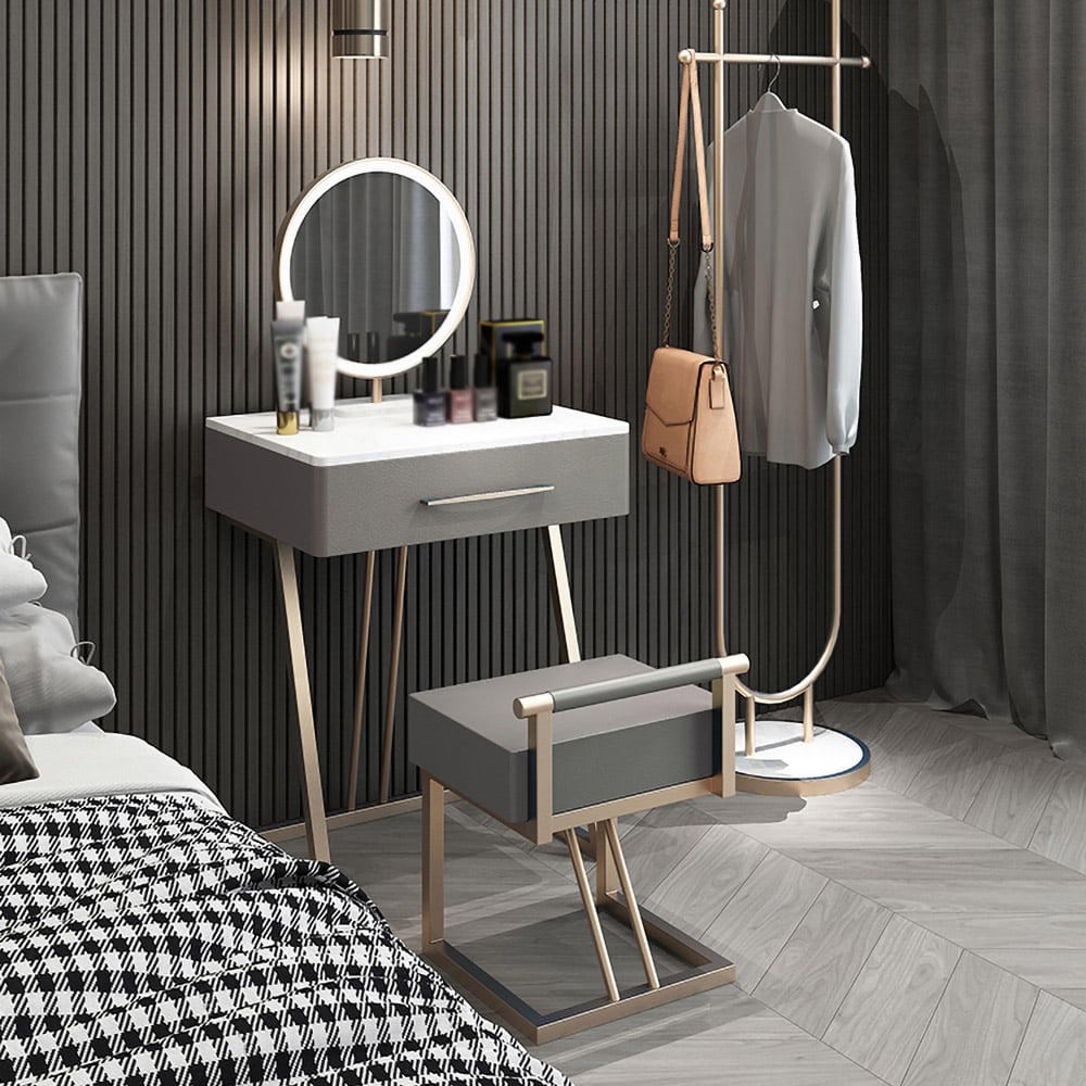 Small Faux Marble Makeup Vanity Set with Vanity Stool Dresser with Drawer in PU Leather Upholstery window image