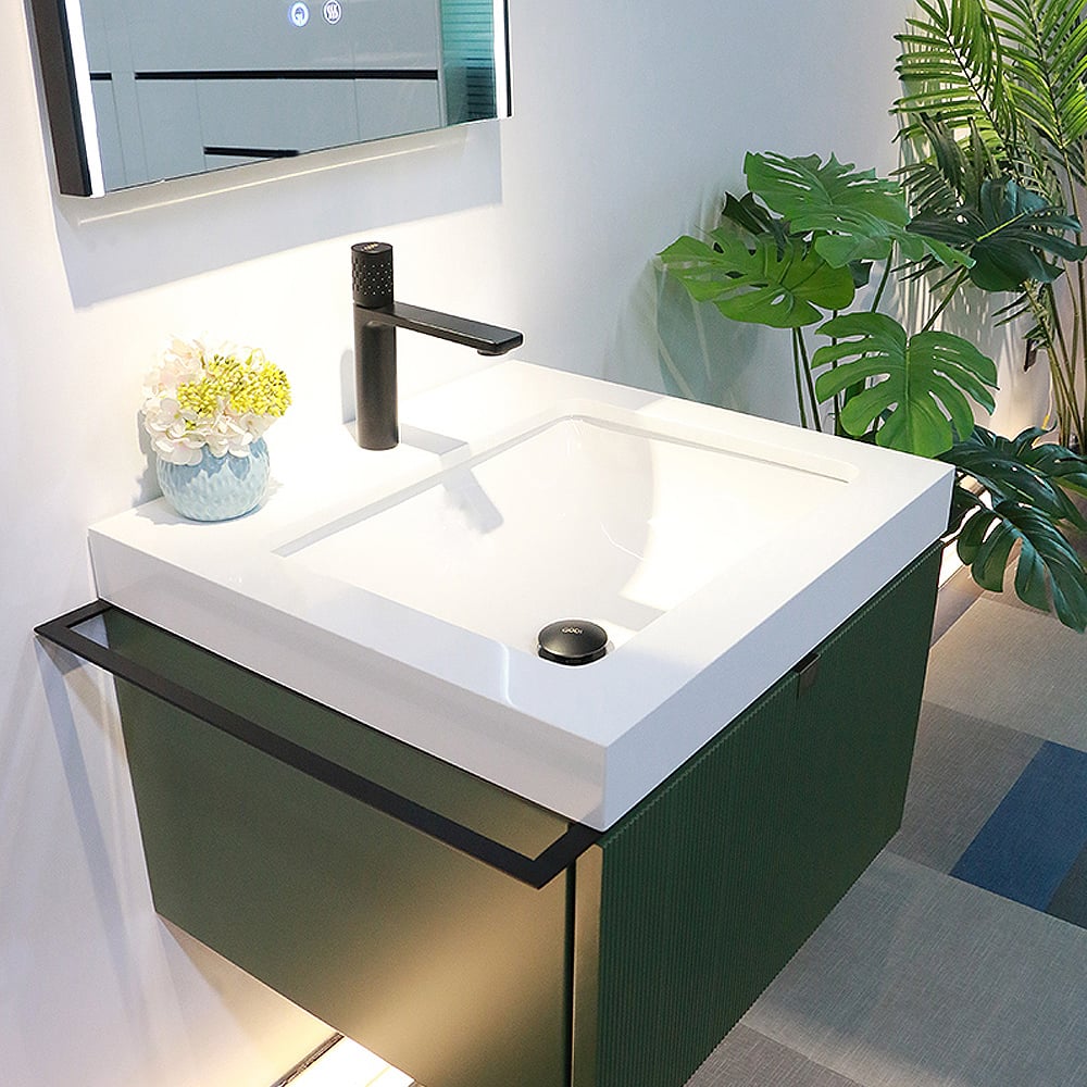 740mm Green Floating Bathroom Vanity Single Ceramic Basin with LED Drawer & Towel Rods window image