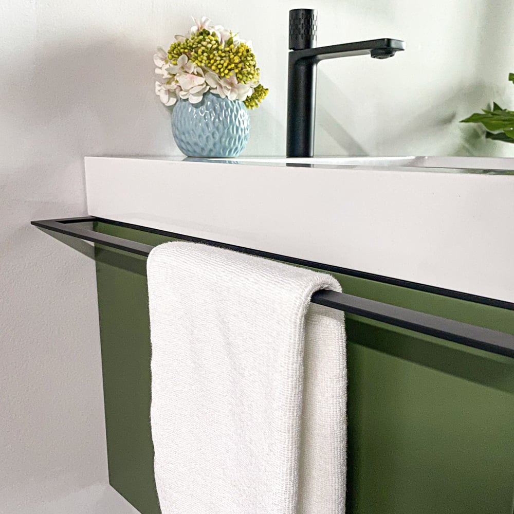 740mm Green Floating Bathroom Vanity Single Ceramic Basin with LED Drawer & Towel Rods window image