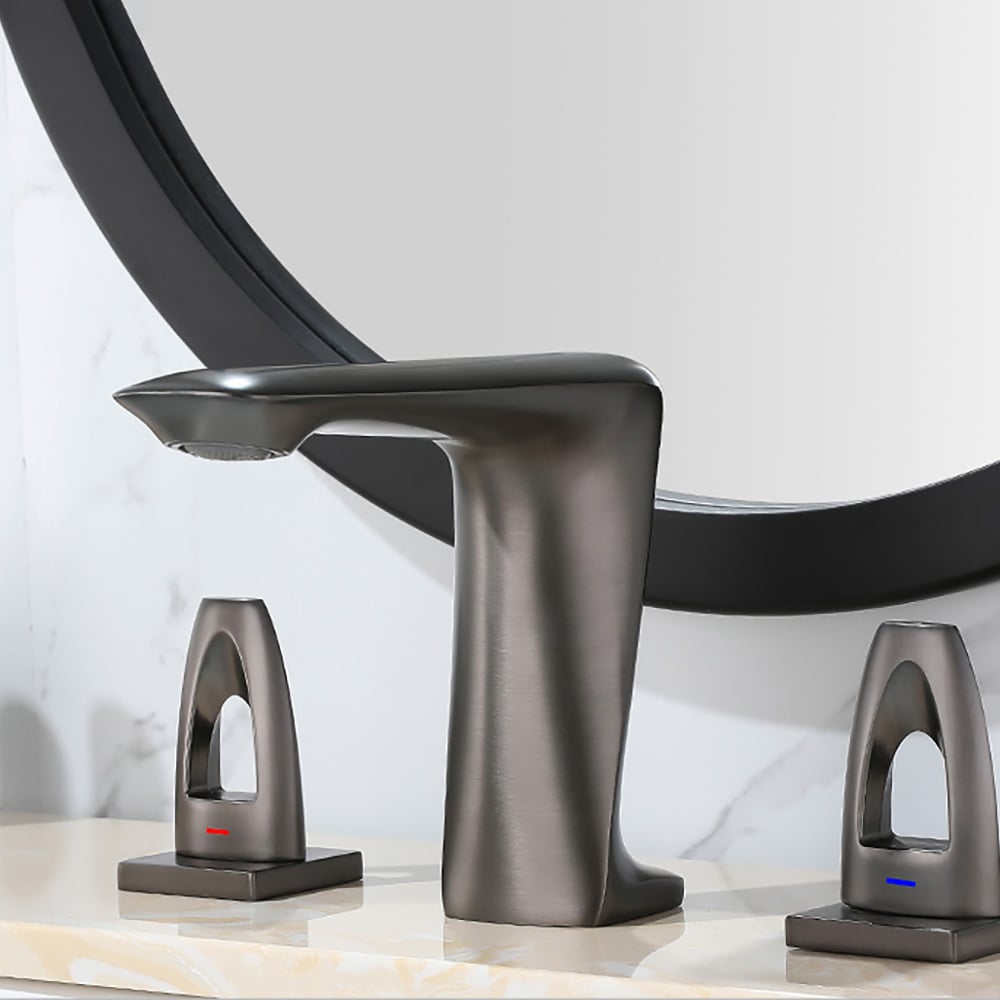 Moderner 3-Loch-Waschtischarmatur mit Doppelgriff in Gunmetal Grey Schaufensterbilder
