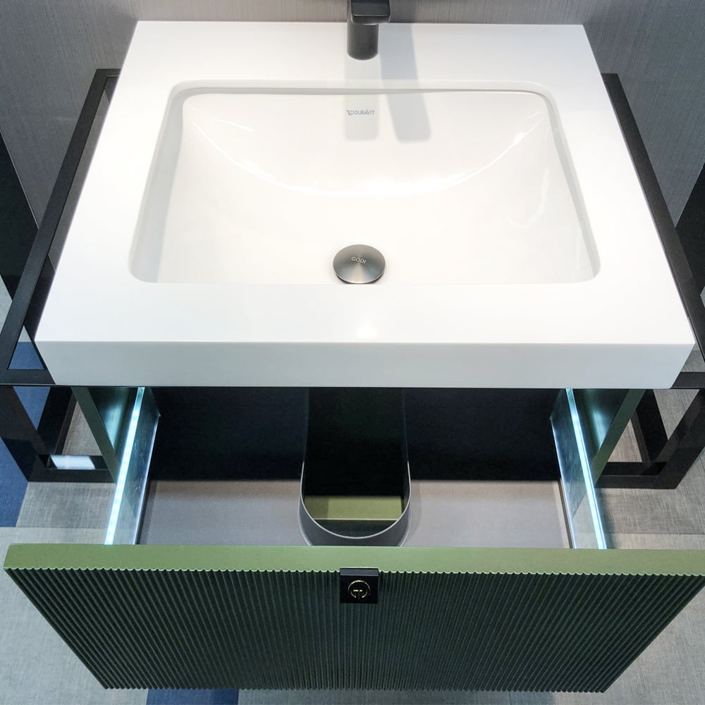 740mm Green Floating Bathroom Vanity Single Ceramic Basin with LED Drawer & Towel Rods window image