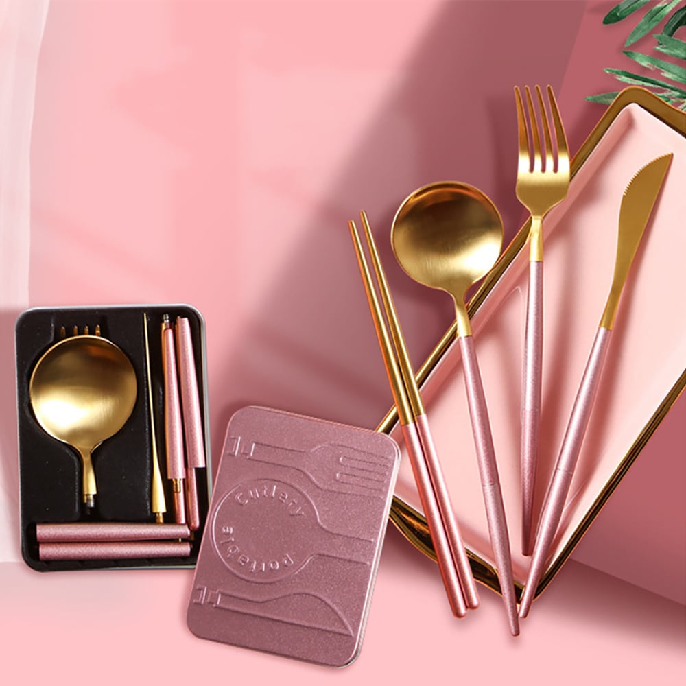 Ensemble de couverts en acier inoxydable portugais 4 pièces avec boîte de rangement amovible et portable image de fenêtre