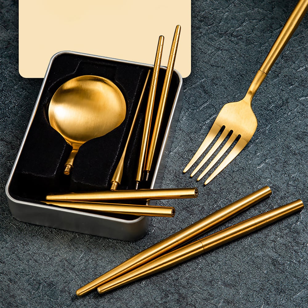 Ensemble de couverts en acier inoxydable portugais 4 pièces avec boîte de rangement amovible et portable image de fenêtre