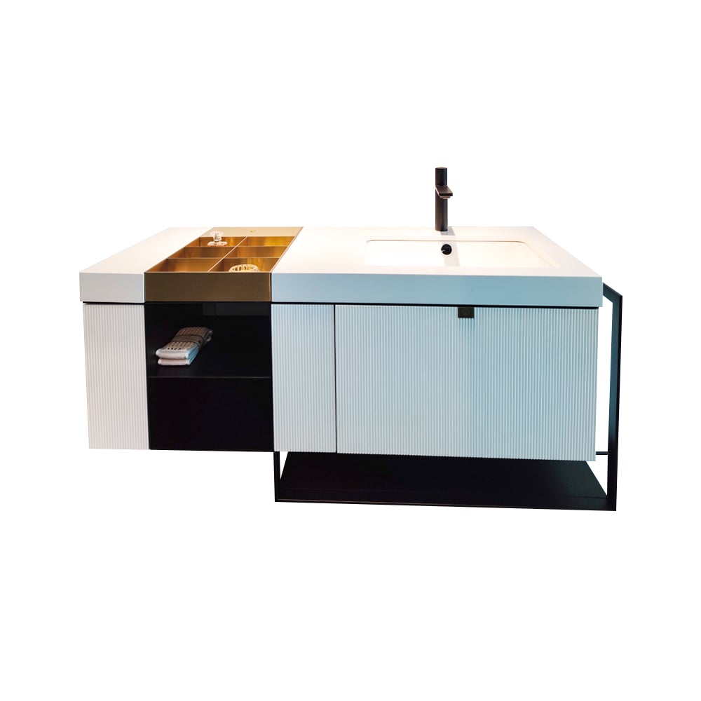 1250 mm moderne witte wandgemonteerde badkamermeubel met LED-laden en plank en handdoekstang Vensterafbeelding