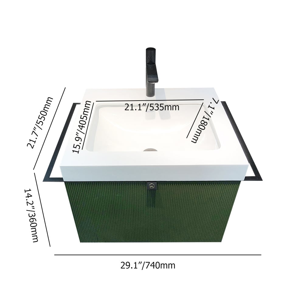 740mm Green Floating Bathroom Vanity Single Ceramic Basin with LED Drawer & Towel Rods window image