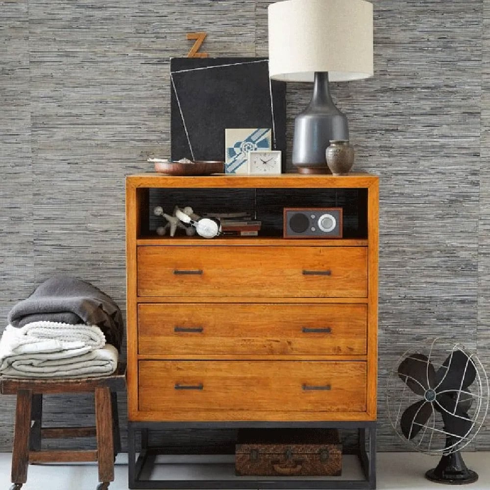Industrial Walnut Cabinet Pine Wood Chest with 3 Drawers in Black window image