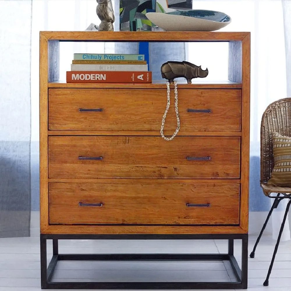 Industrial Walnut Cabinet Pine Wood Chest with 3 Drawers in Black window image