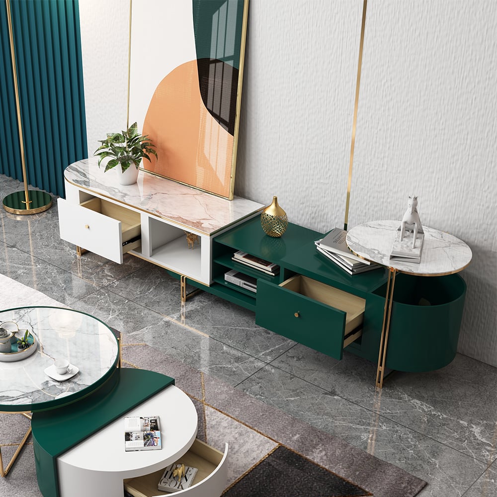 Modern Extendable Oval TV Console with Storage in White & Green window image